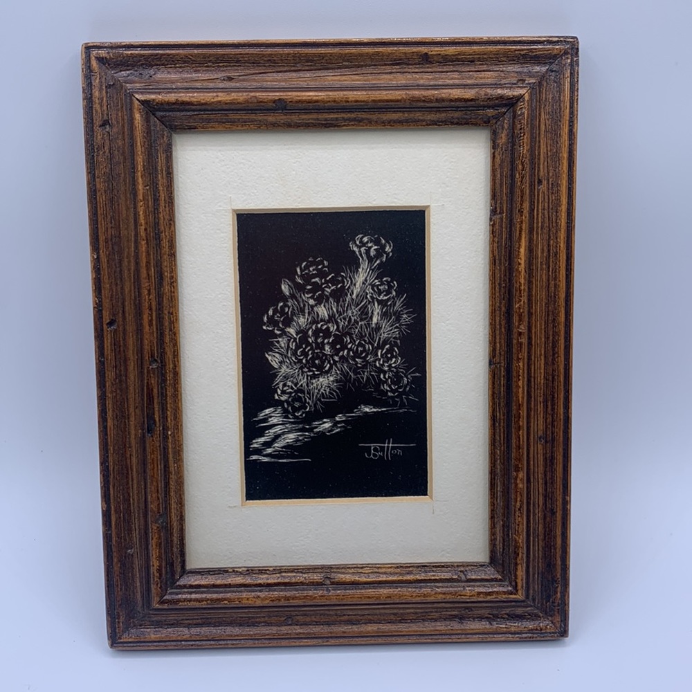 Vintage Blooming Cactus Black & White Signed JSutton Brown Wood Frame